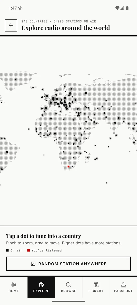 The live world map — tap a dot to tune into a country